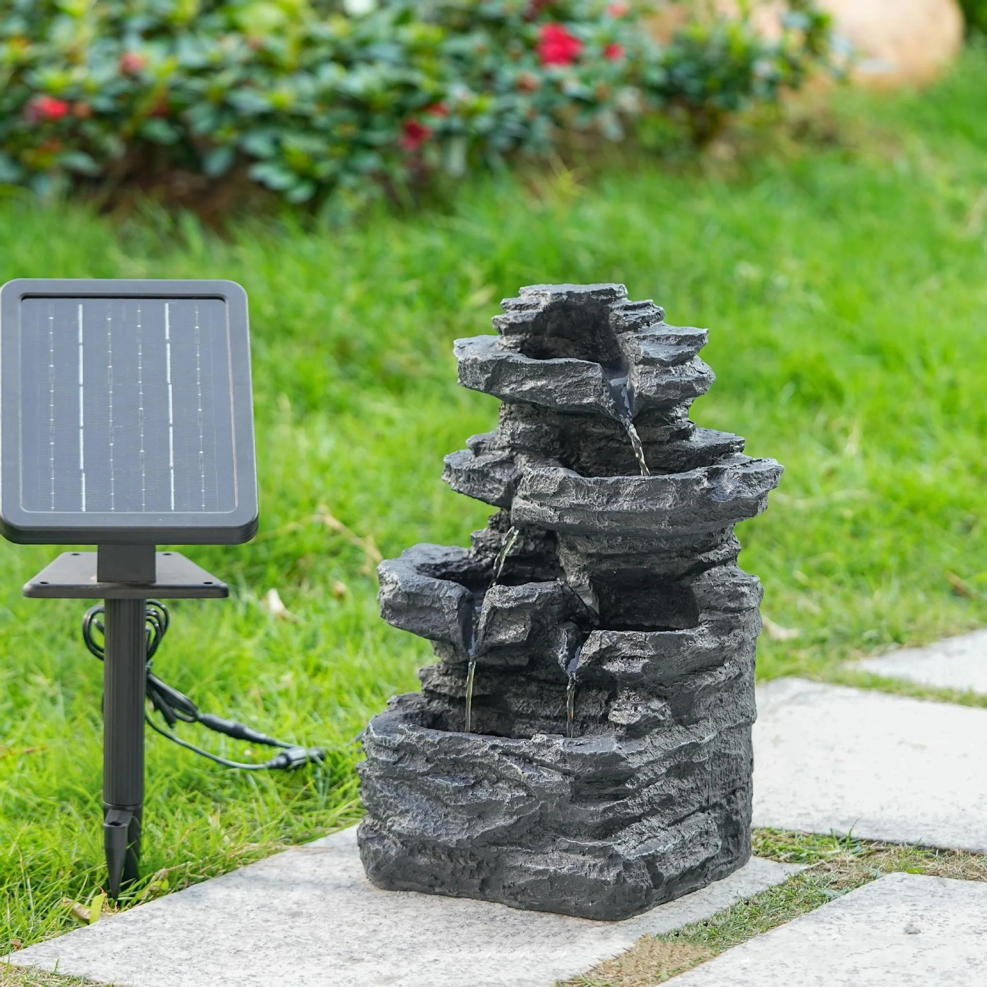 Modern Style Outdoor Polyresin Waterfall Water Fountain with LED Lights Solar Pump All-Season 45-60 Days Support Garden Ornament