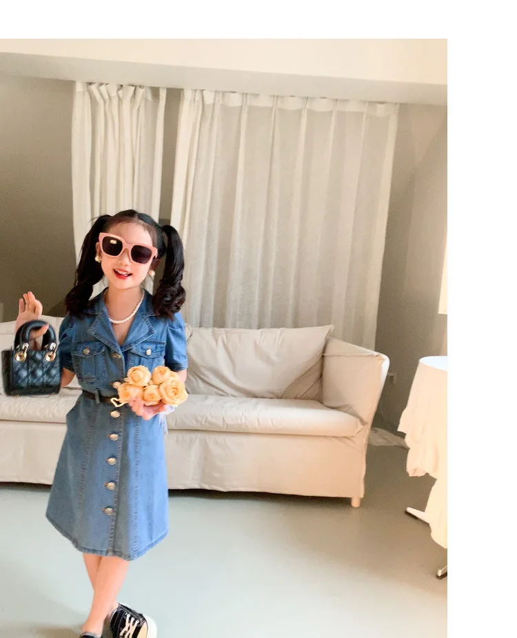 New Summer Thin Denim Dress for Girls Retro Joker Design with round Neck Button Decoration Sleeveless Cut ODM Supply