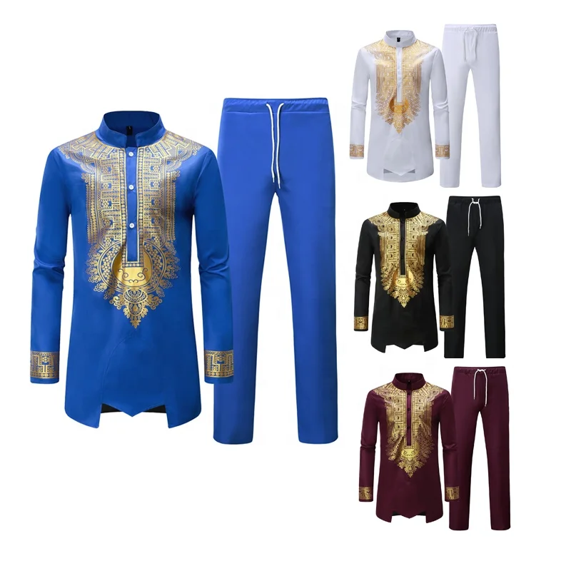2024 Mens African 2 Piece Set  Traditional Suit Floral Printed Mens African Dashiki Shirt and Pants Outfit Muslim Men Tracksuit