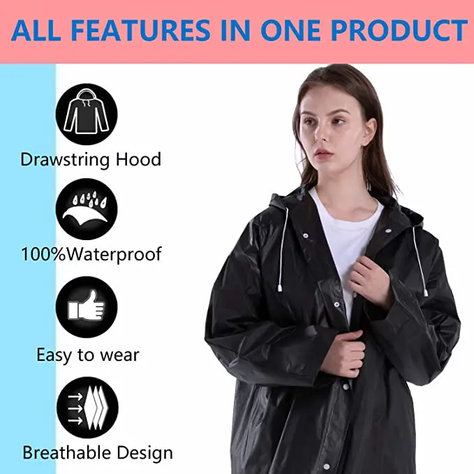 Long Translucent Rain Poncho Adults EVA Reusable Raincoat Emergency Rain Gear Jacket Hood Elastic Sleeve waterproof