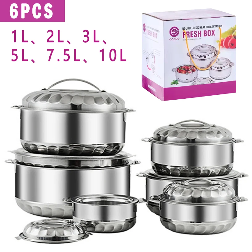 6Pcs Large Capacity Insulated Stainless Steel Hot Pot 10L Food Warmers Container Box With Lid Food Casserole Keep Food Warm