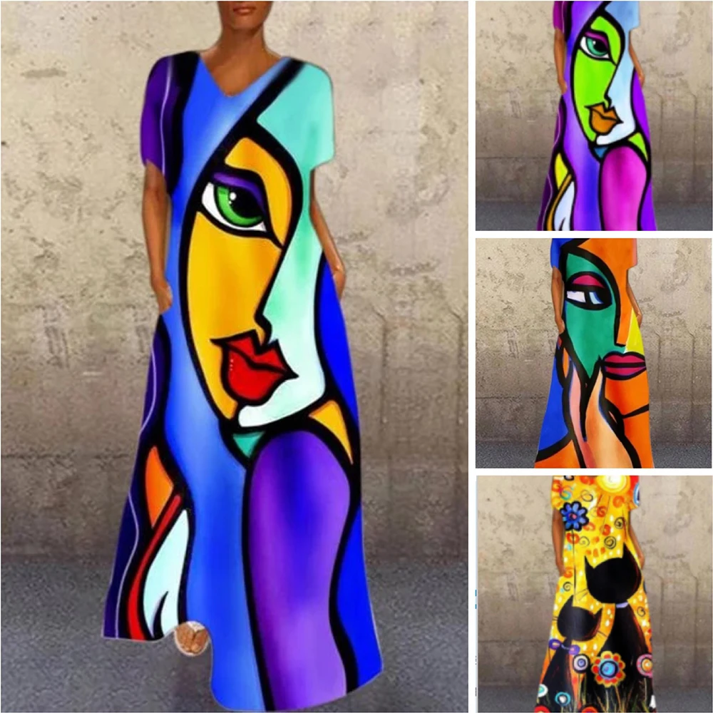 
The latest fashion design retro graffiti print plus size loose long summer casual dress 