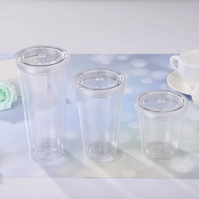 Reusable 12oz 16oz 24oz Plastic water bottle double walled acrylic skinny tumbler with straw and lid clear tumbler