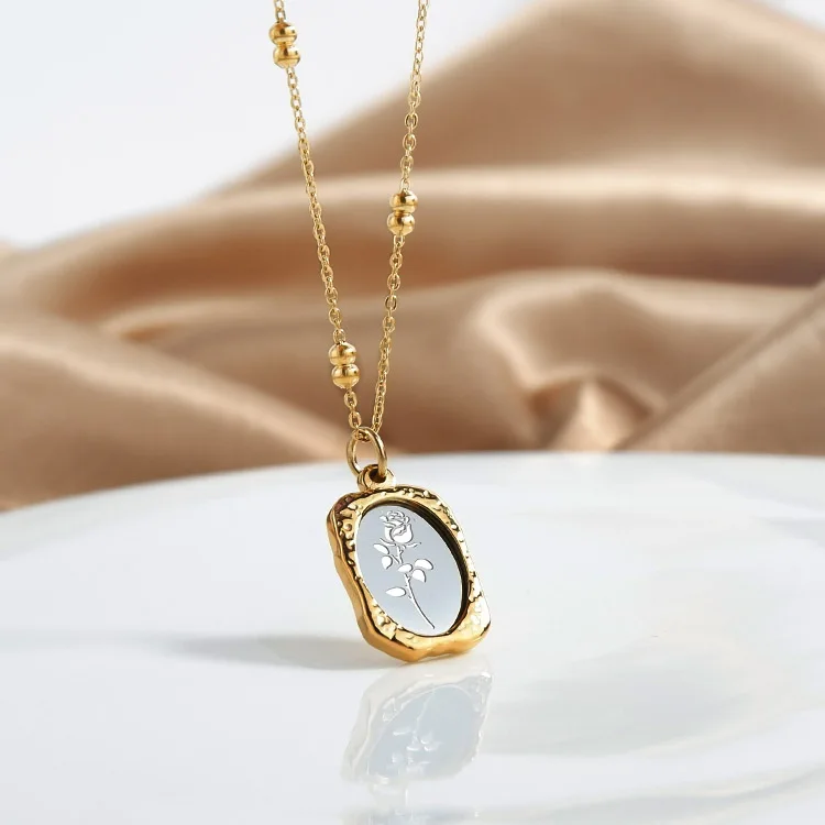 Vintage 18K Gold Plated Magic Mirror Stainless Steel Rose Flower Round Beaded Chain Pendant Necklace