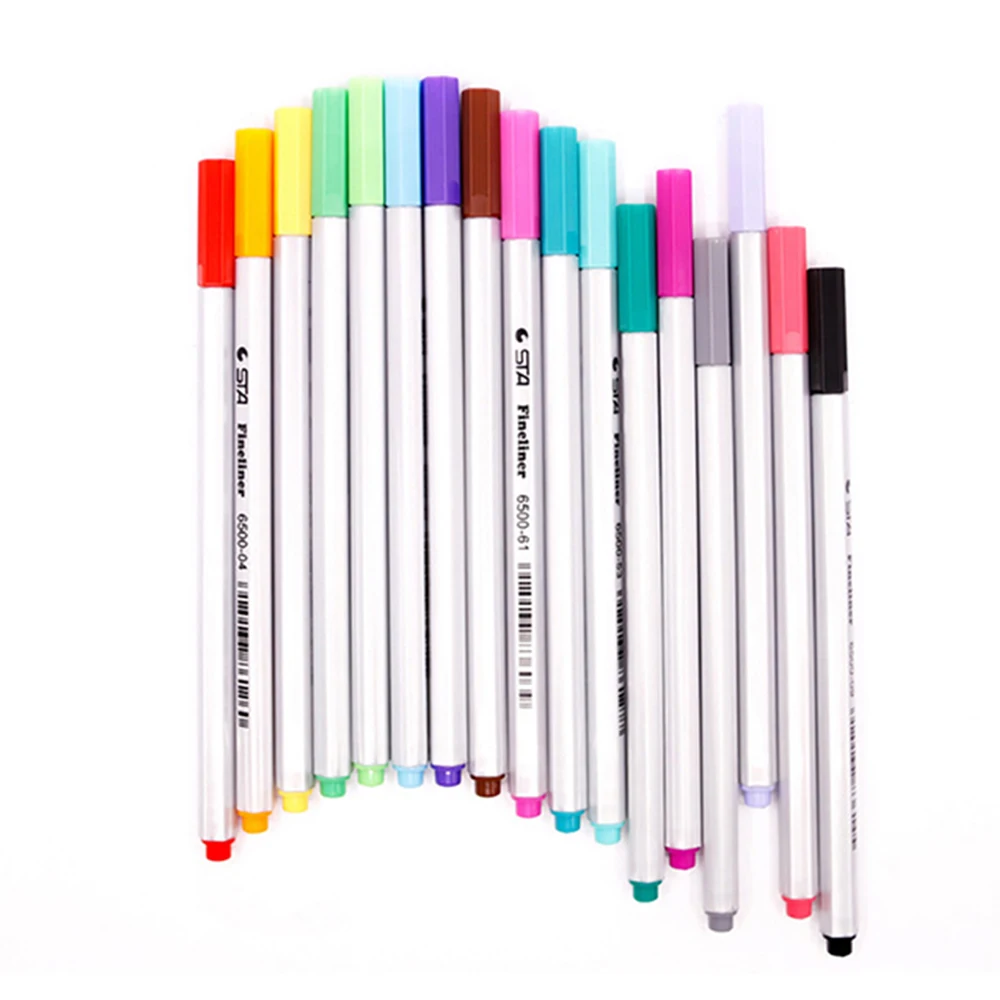 STA Fineliner Art Marker Pens Permanent Water Color Liner NO.6500 for Students with Flat Brush Tip for Paper Writing