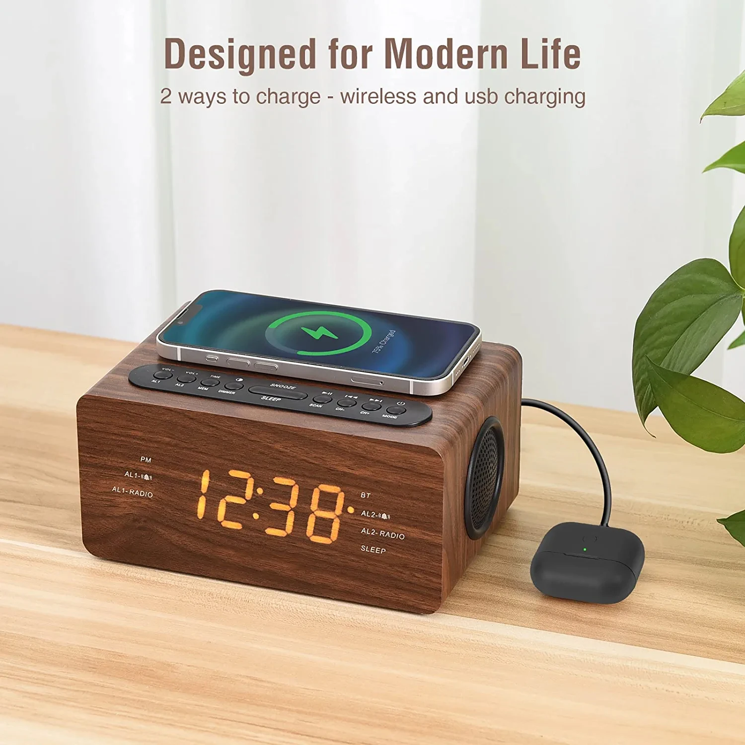 Manufacturers wholesale  LED display  wood grain Fast Wireless alarm clock Sleep Timer Digital USB port FM radio