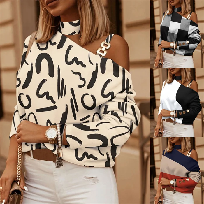 women fashion long sleeve chain neck print button decoration blouse tops for women