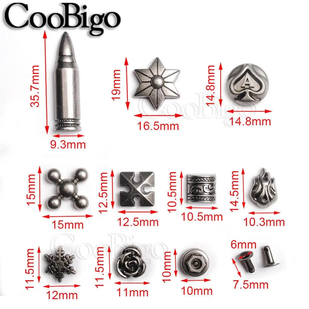 100 sets/Pack Pewter Studs Rivet Spikes Punk Rock Garment Shoe Bag Pets Collar Leather Craft Parts Rose Flame Snowflake #GZ112