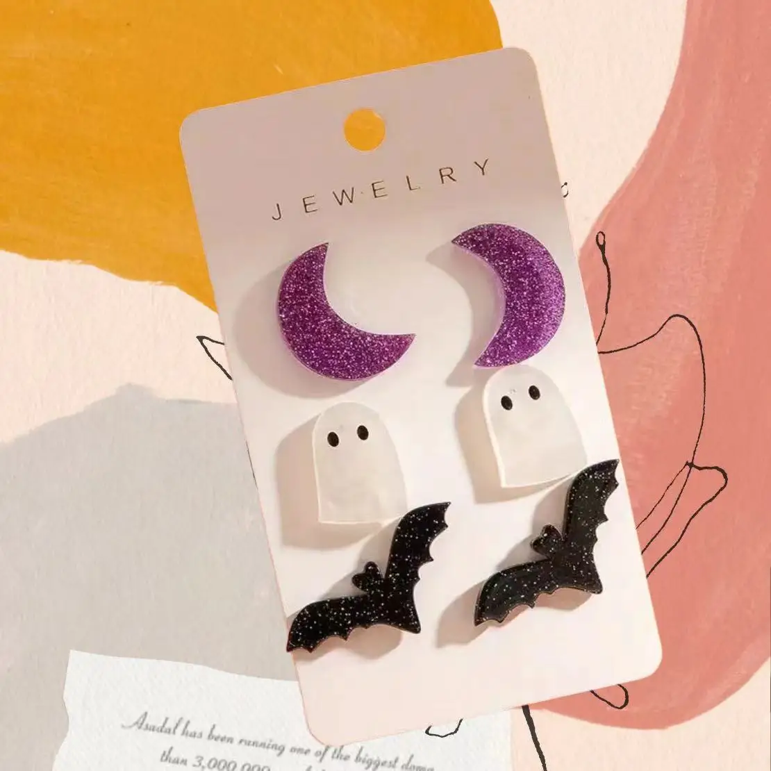 3 Pairs of Intricately Designed Black Bat, Purple Moon, And White Ghost Stud Earrings Set Cute Halloween Dangling Earrings Pack