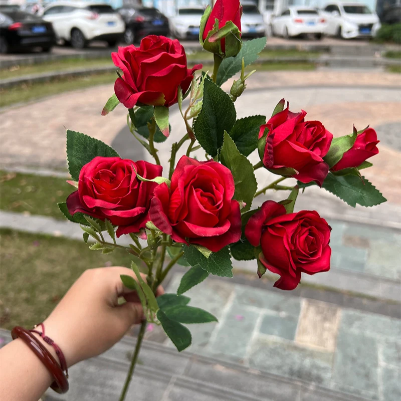 CM-TH086 New Long Branch 7 Head White Red Rose Artificial Flower for Wedding