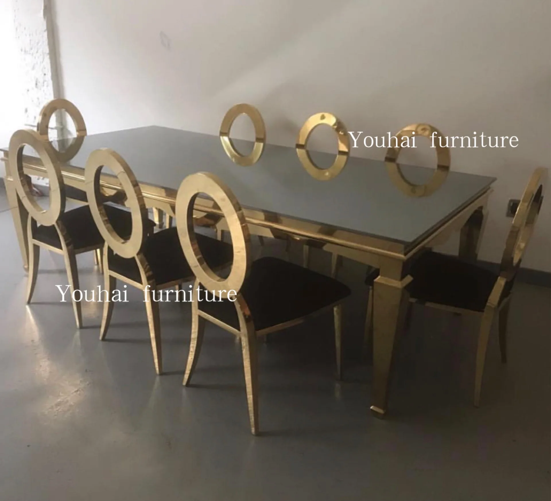 Luxury gold wedding furniture rectangular stainless steel base event banquet table for sale