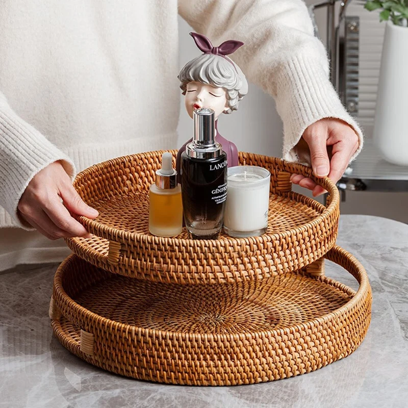 Customize Handmade Storage Woven Round Serving Rattan Tray For Food Vegetable Fruit Bread Snack Rattan Basket Set