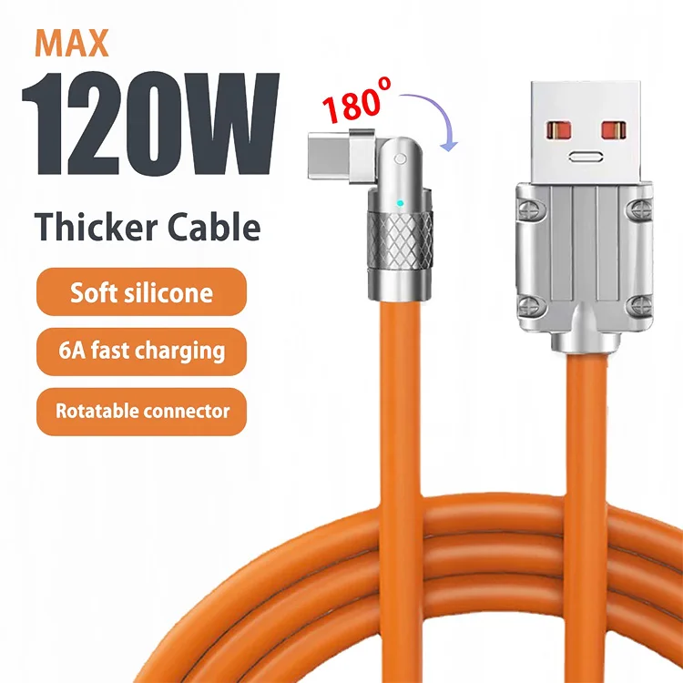 Factory 180 Rotatable USB C cable 120w 6A High speed Bold liquid silicone USB charge cable for Playing games