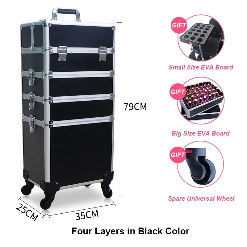 Yaeshii 4 in 1 Aluminum Rolling Cosmetic Makeup Train Cases Trolley Professional Artist Train Case Organizer Box