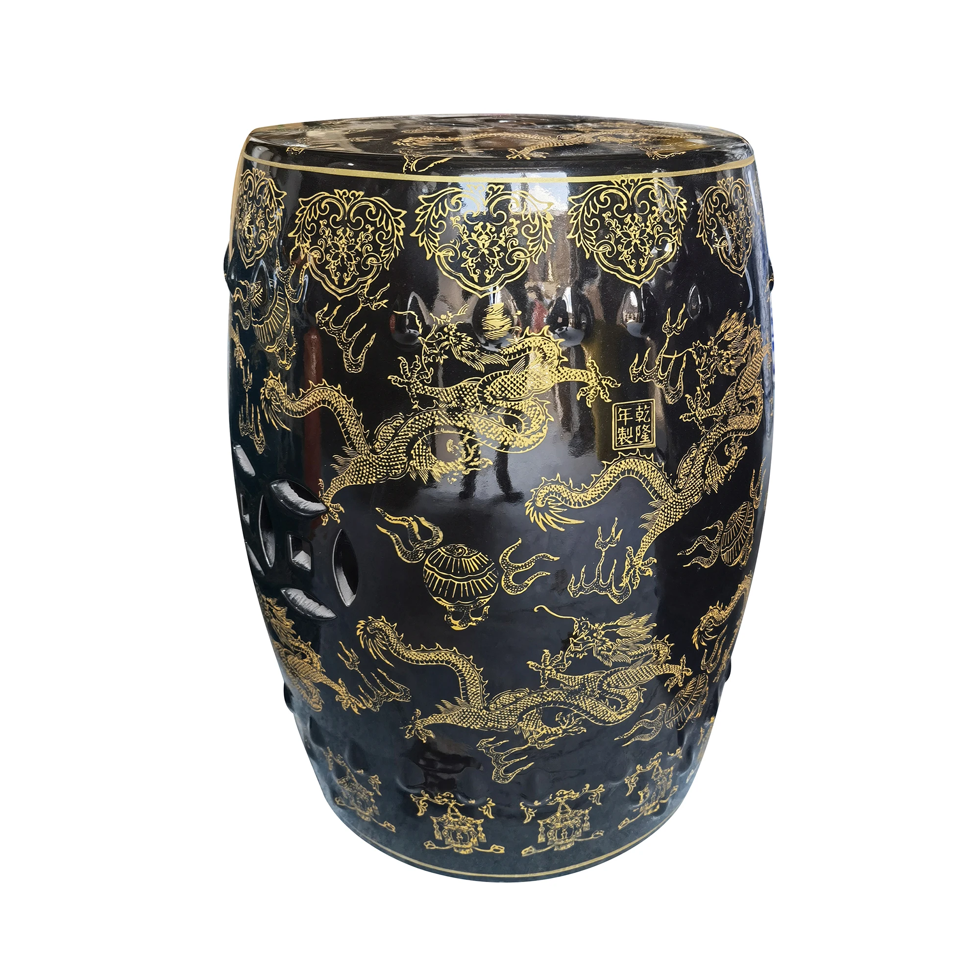 Wholesale Color Glazed Porcelain Ceramic Side Table Chinese Ceramic Drum Stool with Gold Dragon Design