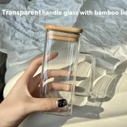 400ml 13oz  Clear Pink Green handle Cold Cups Clear SquareTumblers Borosilicate Glass beer Mug With Bamboo Lids And Straw
