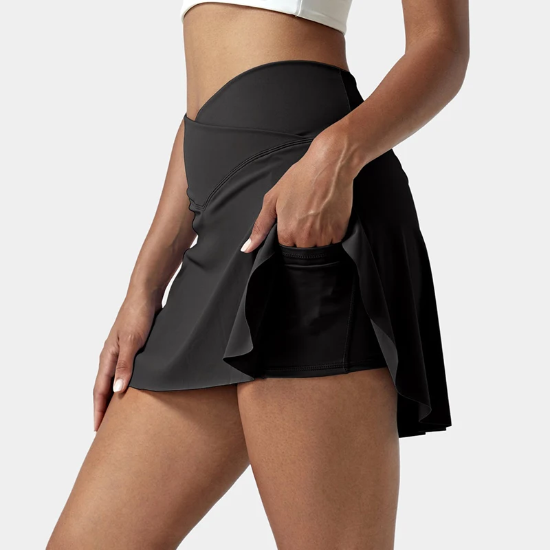 OEM New Design Wholesale Women Slim Fit Breathable Solid Dress Everyday Crossover Side Pocket 2-in-1 Tennis Skirt-Lucid