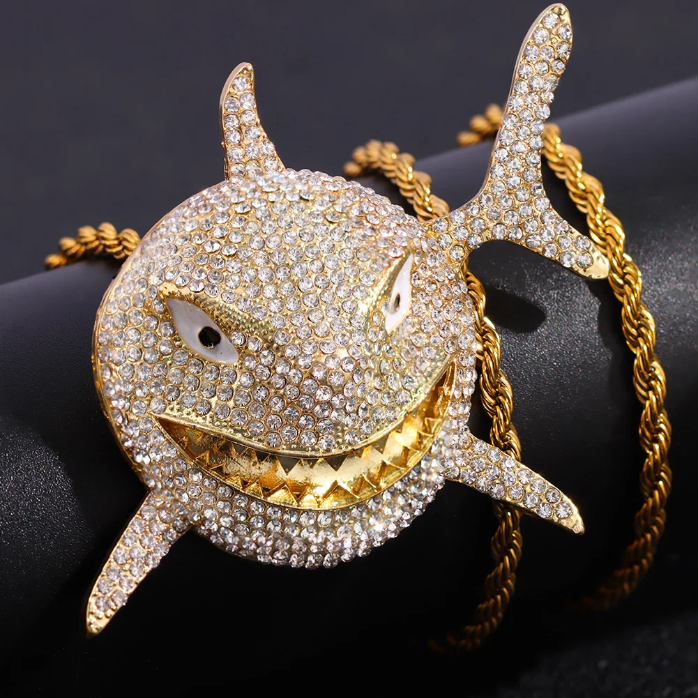 Hip Hop Cuban Chain Exaggerated Micro-inlaid Animal Necklace For Men Rapper Iced Out Large Shark Necklace