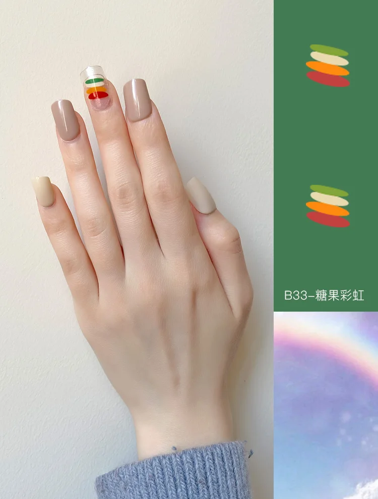 NEWAIR hot selling nail tips short square full cover false fingernail rainbow pattern press on abs false nails tips