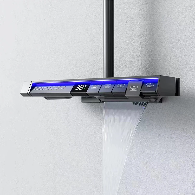 TikTok Hot Sale Piano Key LED Shower Set 5 Functions Brass Thermostatic Bathroom Shower Faucet Set