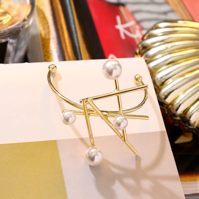 
creative exaggerated personality metal inlaid pearl open ring bracelet bangle cuff bar pearl hand bangle jewelry for female 