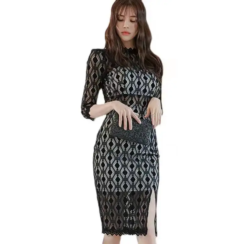 2022 spring and summer new slim sexy black lace split professional dress