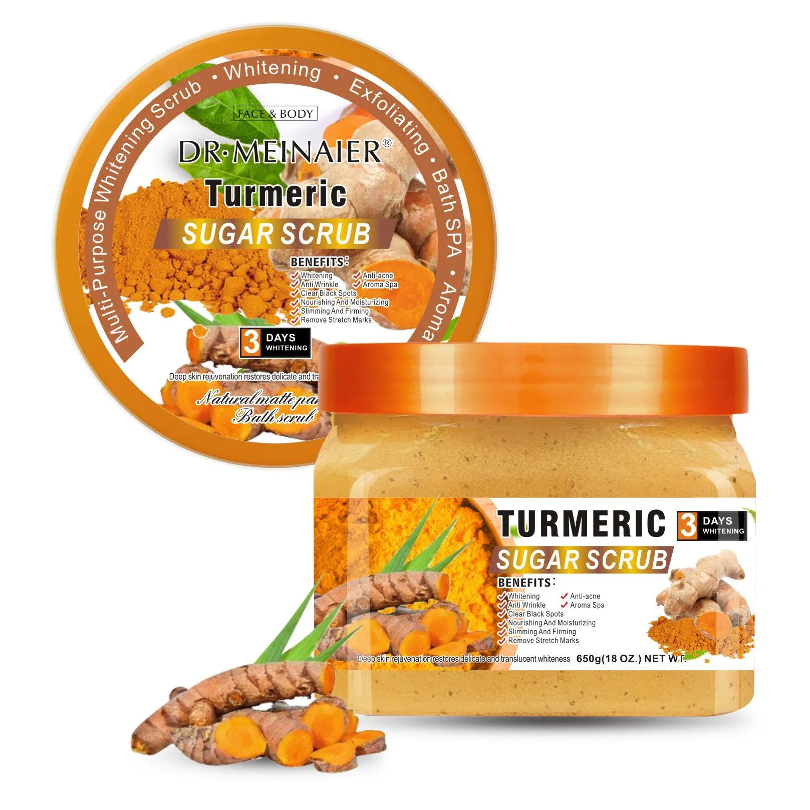 Wholesale nature organic whitening turmeric body scrub private label exfoliating whitening shea butter sugarskin care body scrub