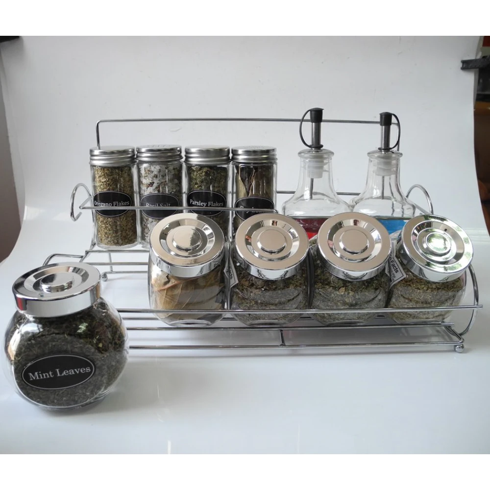 
Stainless Steel Condiment Set With 2 Oil / Vinegar Bottle Cruets, 3 Shaker Spice Jars, 5 Glass Canister Jars & Chrome Rack 