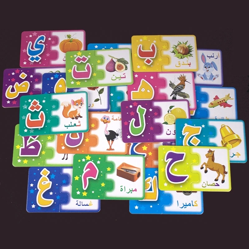 Montessori Baby 28 Arabic Alphabet Words 3D Puzzle Board Jigsaw Toy Cognitive  Matching Arabic Letters Card For Kids
