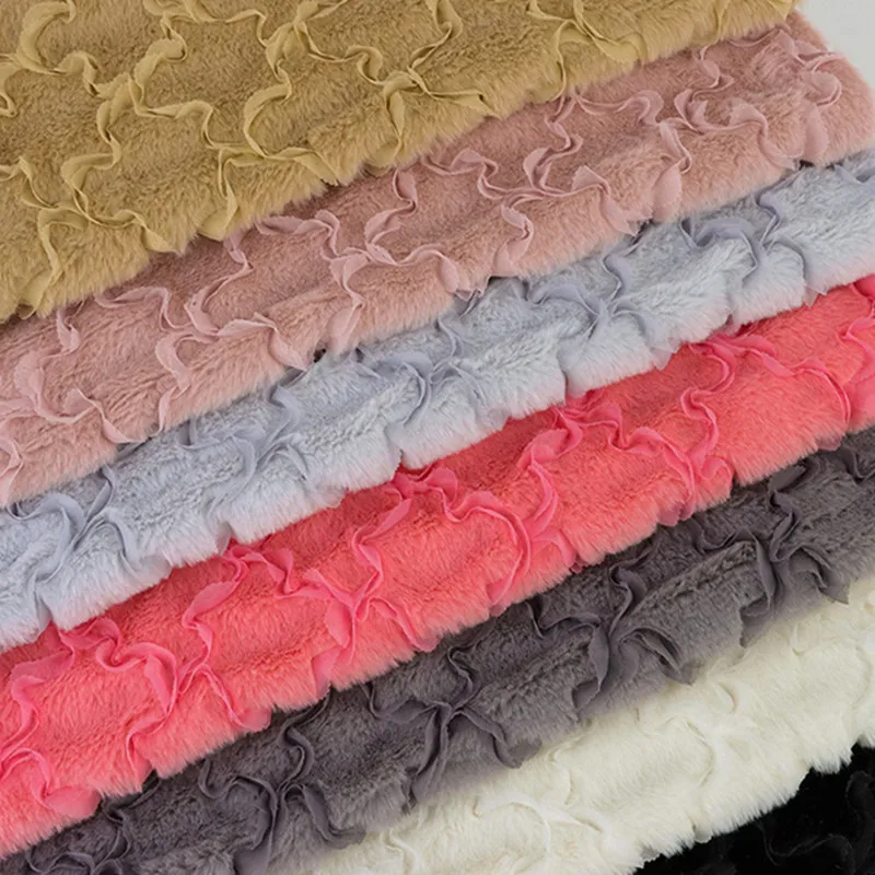 Soft Solid Bright Color Plush Rabbit Faux Fur With Embroidered Ribbon Pattern Fabric For Fashion Garment