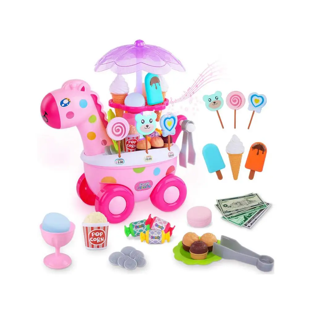 35pcs Deluxe Ice Cream Toy Cart - Storage Trolley with Cupcakes, Desserts, and Candy Shop Pretend Play Food Set
