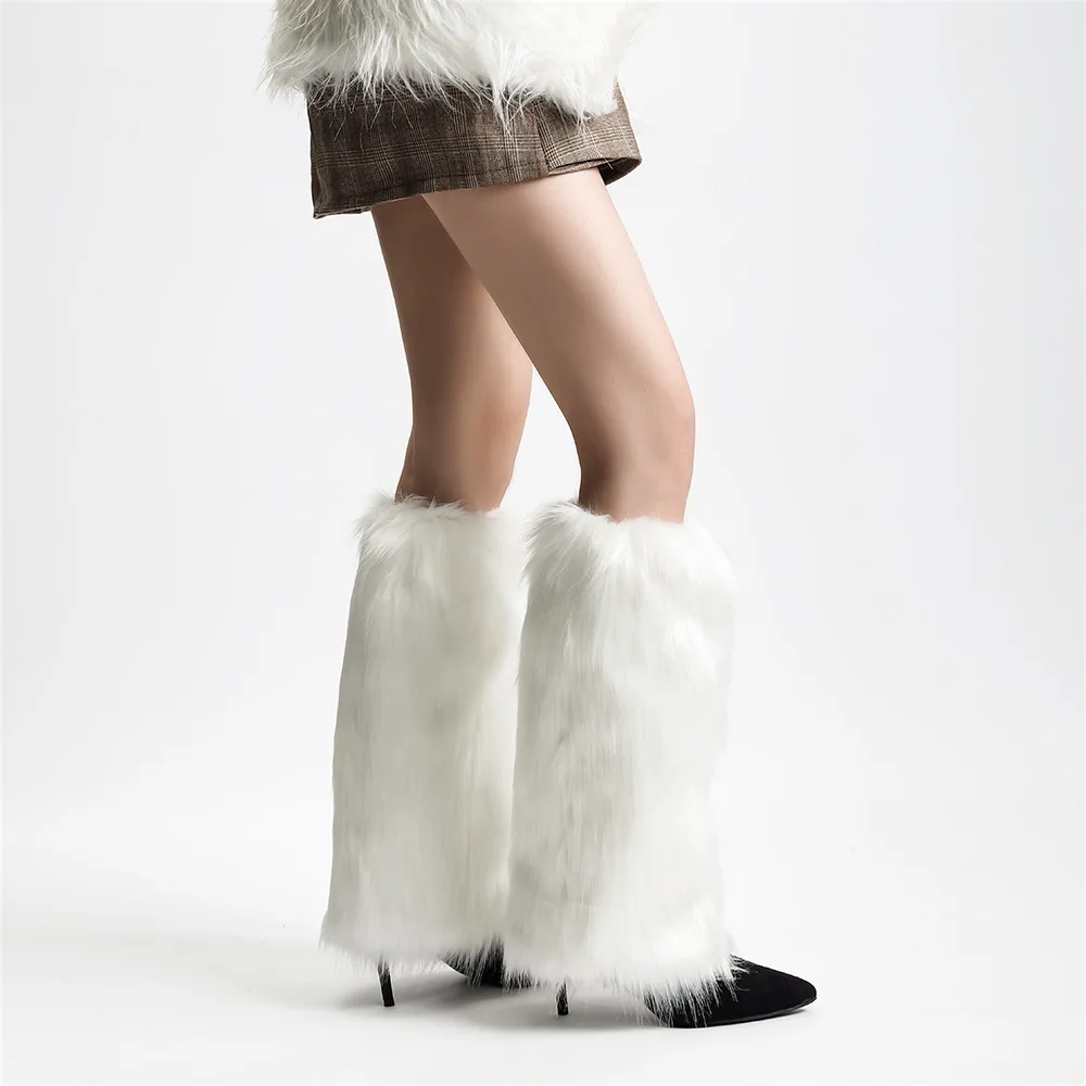 PDEP Imitation fur boot covers hairy fall and winter plush leggings kneecap  long fox hair shoe covers