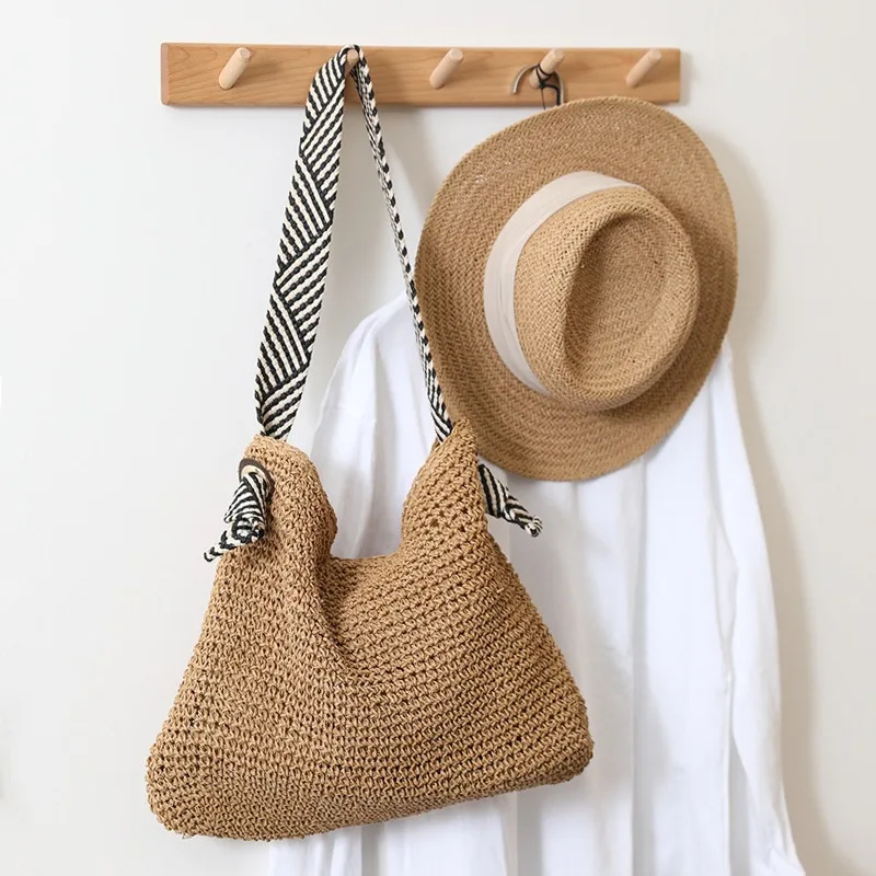 casual beach strap shoulder wear sling bag women straw crochet woven natural straw beach tote handbag with embroider strap