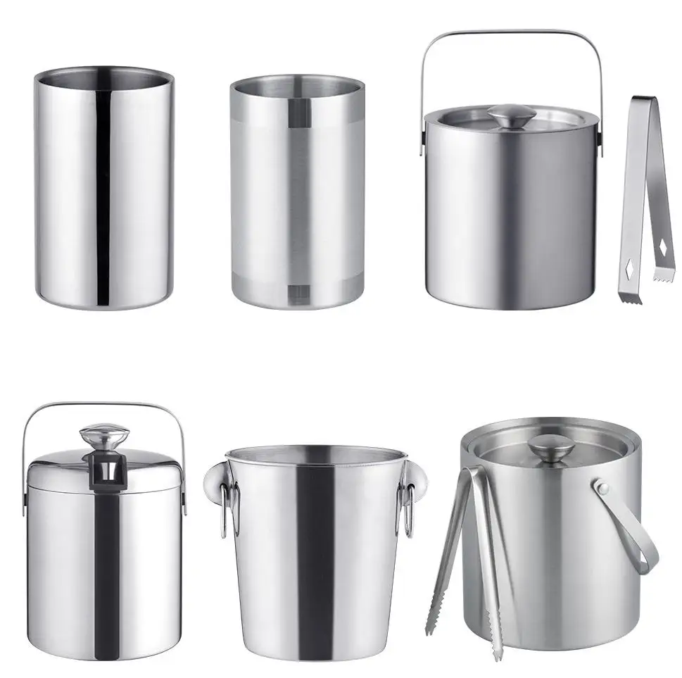 High Quality Custom Ice Buckets 1.3L 1.5L 1.6L 3.8L Single Layer Double Layer Stainless Steel Ice Bucket With Handle