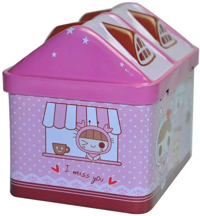Promotional gift tin house shape money saving tin box with lock cartoon tin piggy bank
