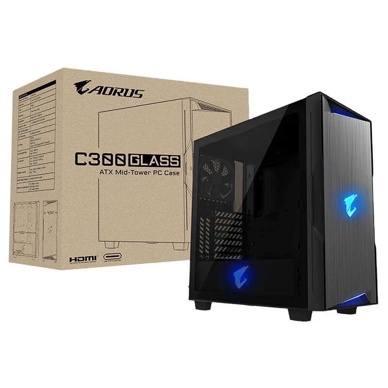 GIGABYTE AORUS C300 Glass ATX Gaming Case Tinted Tempered Glass  Watercooling Ready Enhanced Airflow - Black GB-AC300G