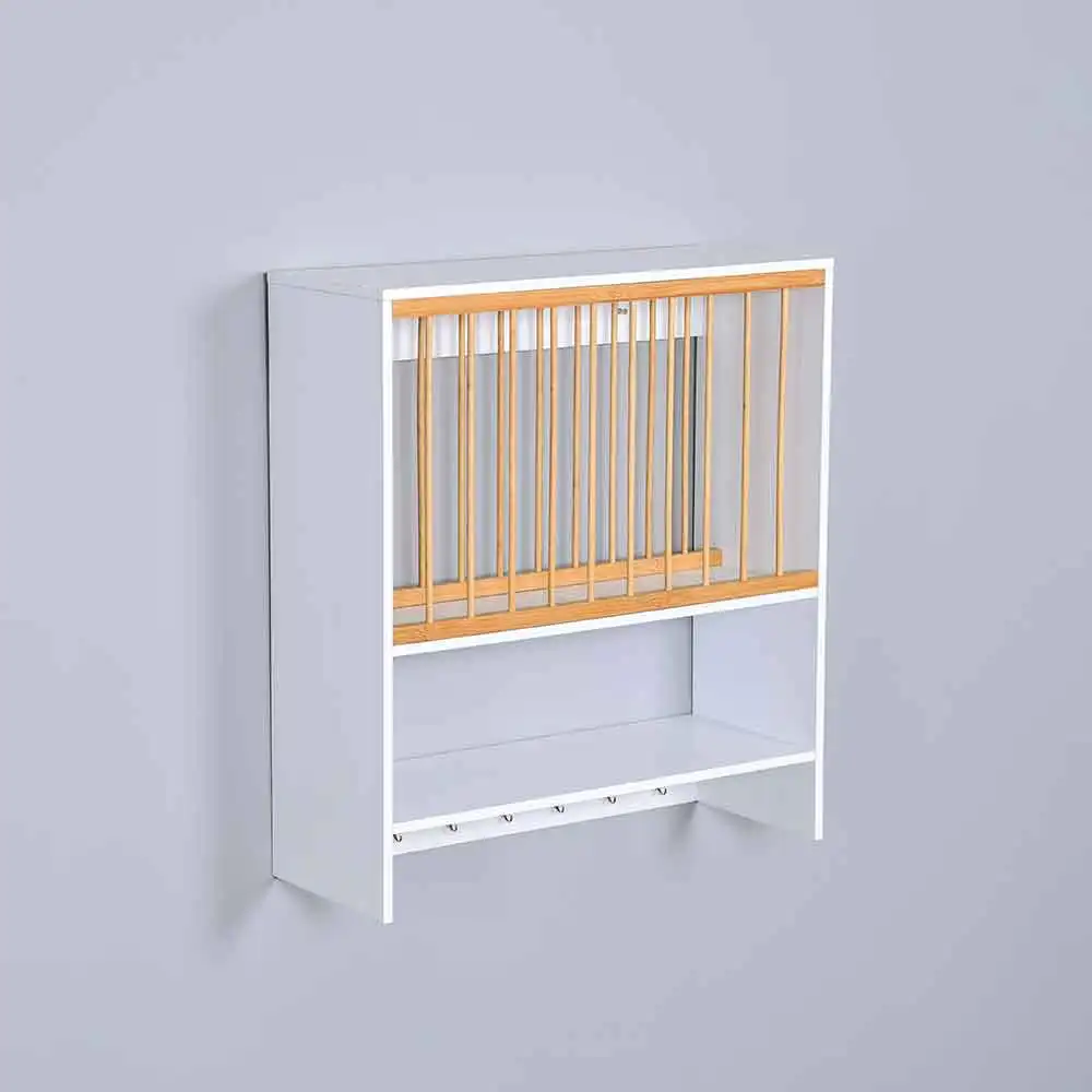 Kitchen Organization Tableware Holder Wooden Wall Mounted Hanging Bamboo Dish Drying Rack Drain Plate Rack Drainer With Hooks