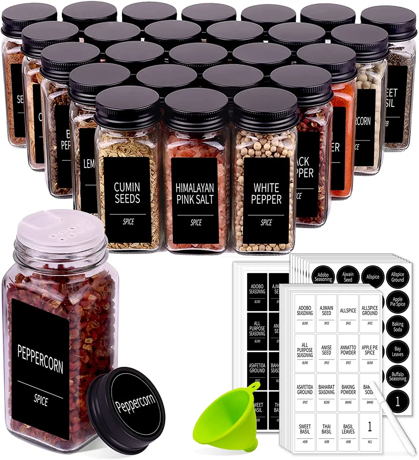 4 oz empty square Spice Jars with  Labels- Glass Spice Jars with Black Metal cover