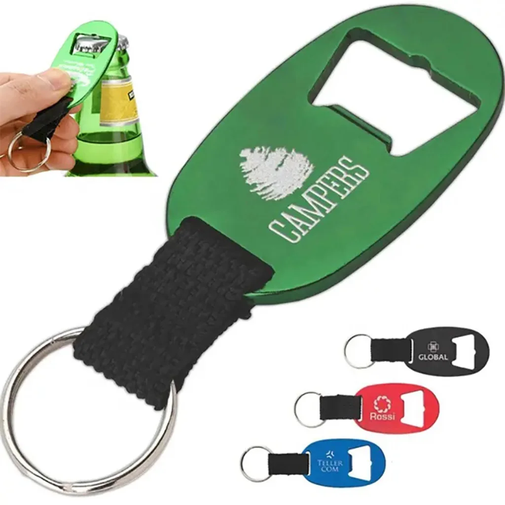 Hot promotional cheap manual metal blank aluminum alloy woven ribbon strap oval custom beer can wine bottle opener with keychain