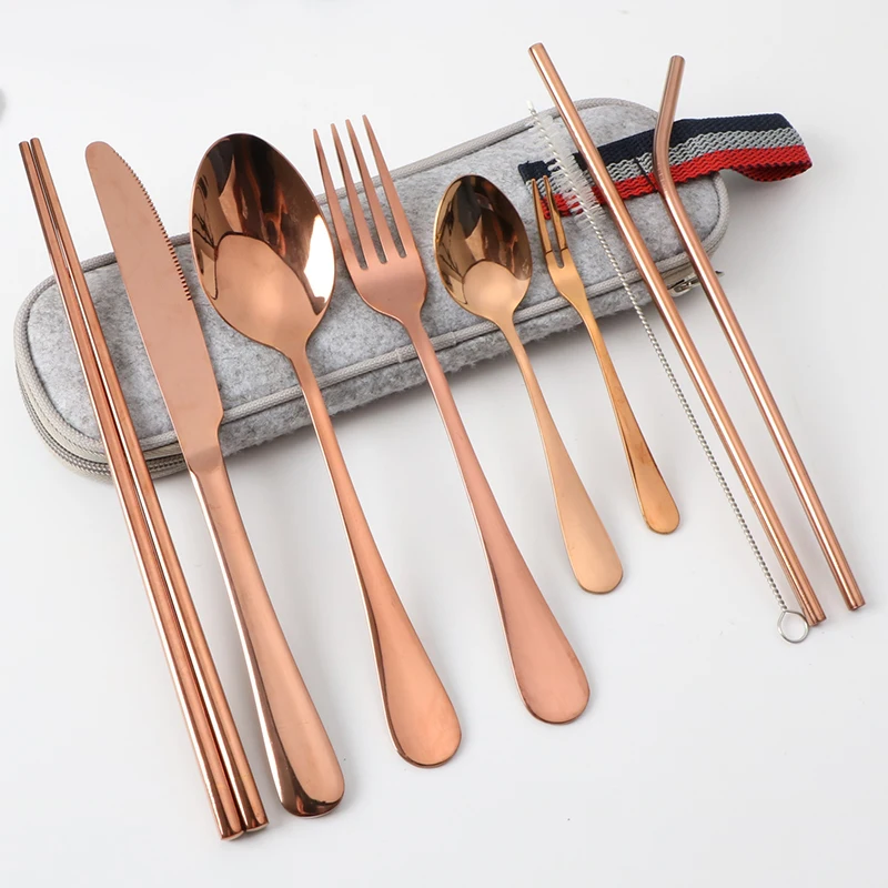 9pcs Chopstick Utensil Set Fork Knife Spoon Straw Reusable Stainless Steel Cutlery Set with travel bag