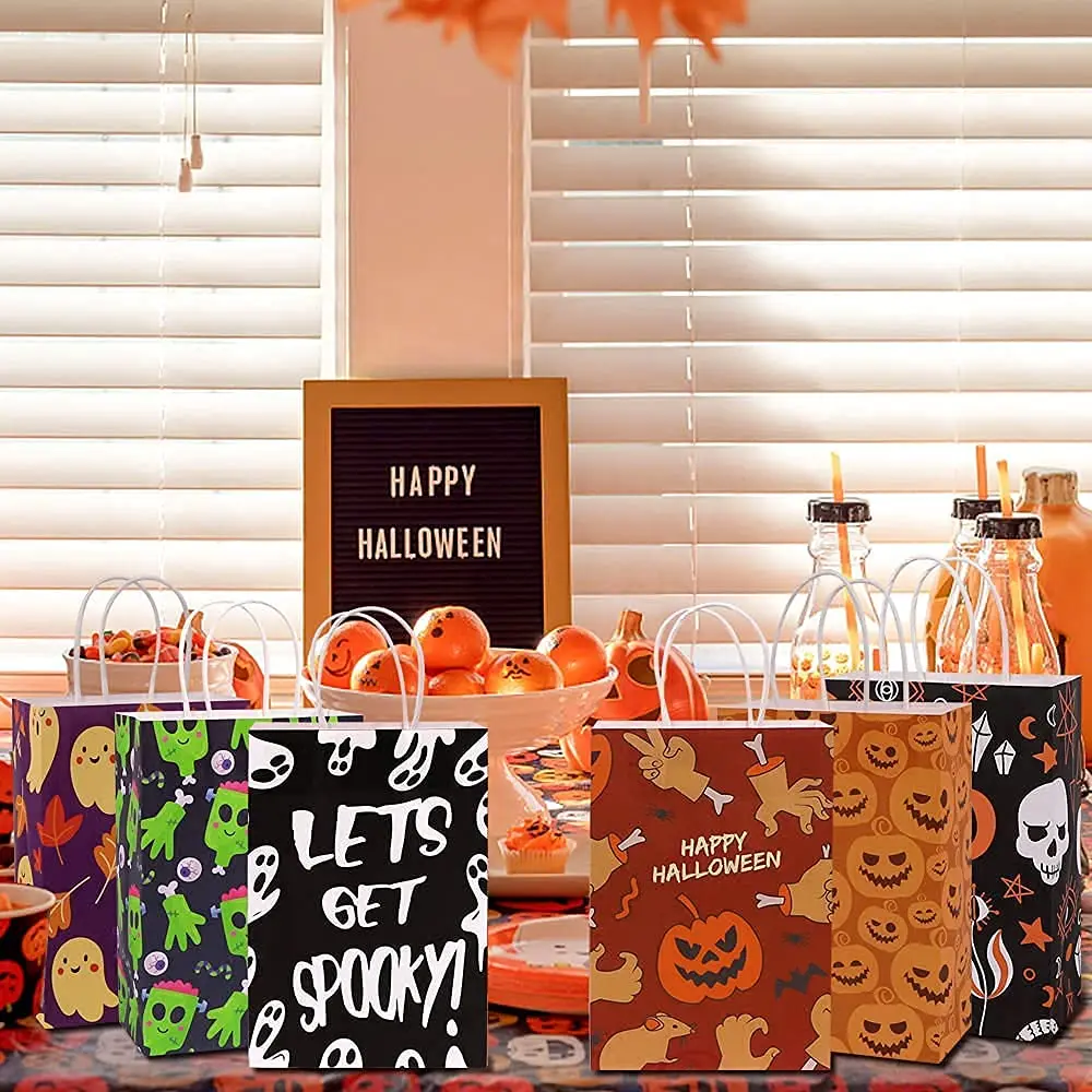 Halloween Kraft Gift Goodies Paper Bags Goody Bulk with Handles for Halloween Party Celebrations Favors