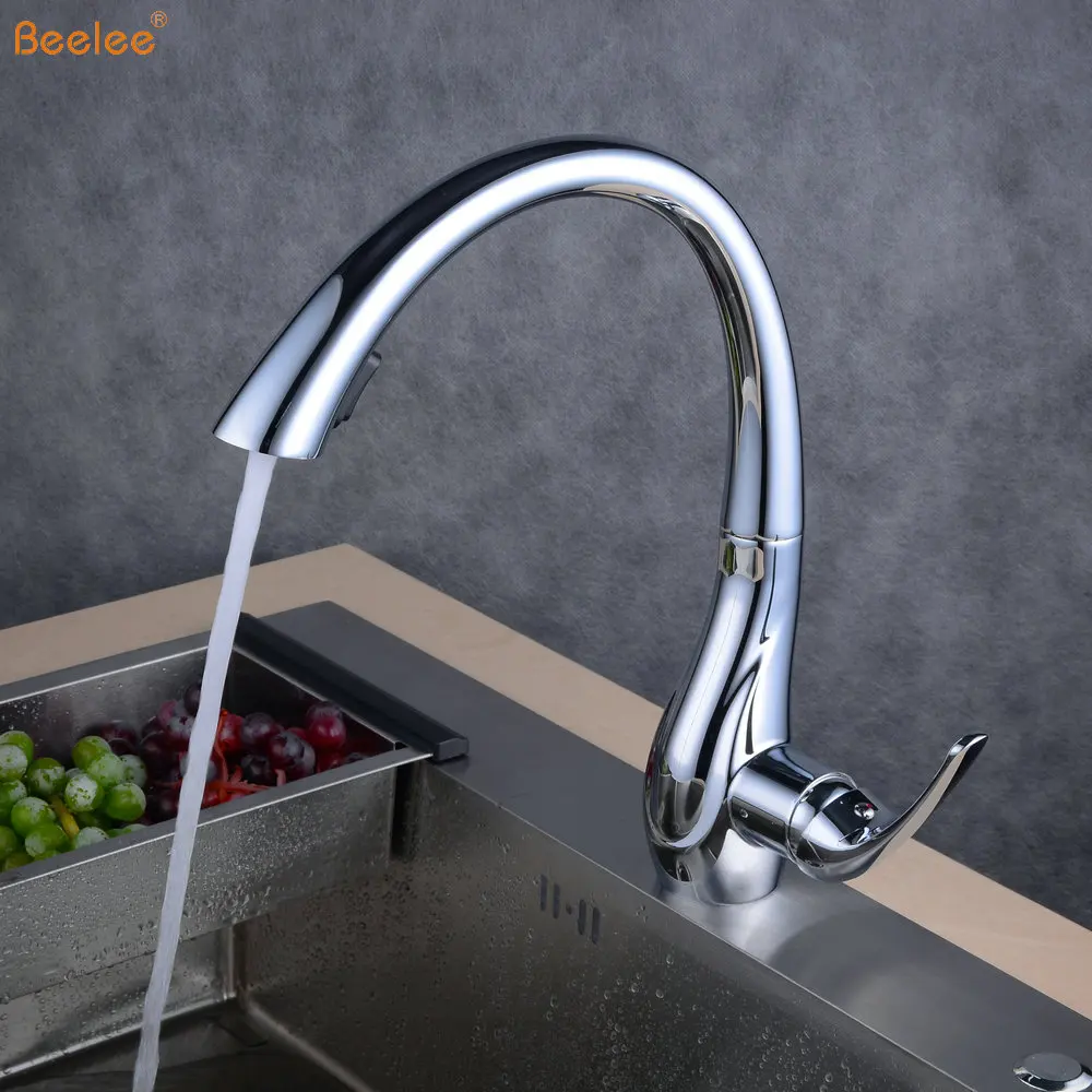 Beelee BL1749C Luxury Polished Chrome Swan Pullout Kitchen Faucet Tap with Pull Down Sprayer