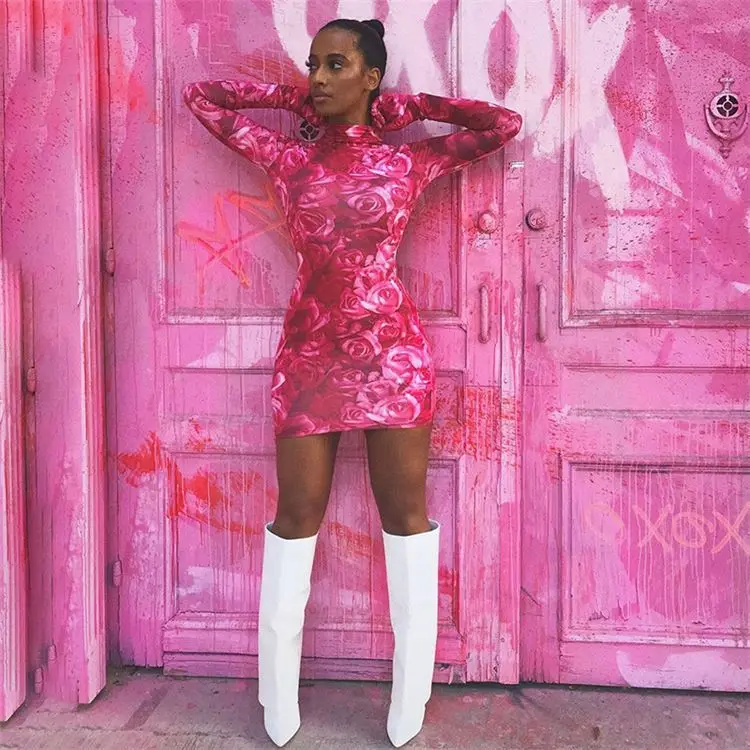 Fuchsia Floral Printed Slim Women Sexy Long Sleeve Mini Dresses Zipper Party Ladies Skinny Bodycon Mini Dress