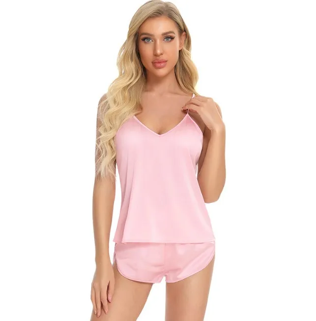 Wholesale Satin Designer Inspired Pjs Private Label Pajamas Sexy Adult Camisole Shorts Pijamas 2 Piece Set Women