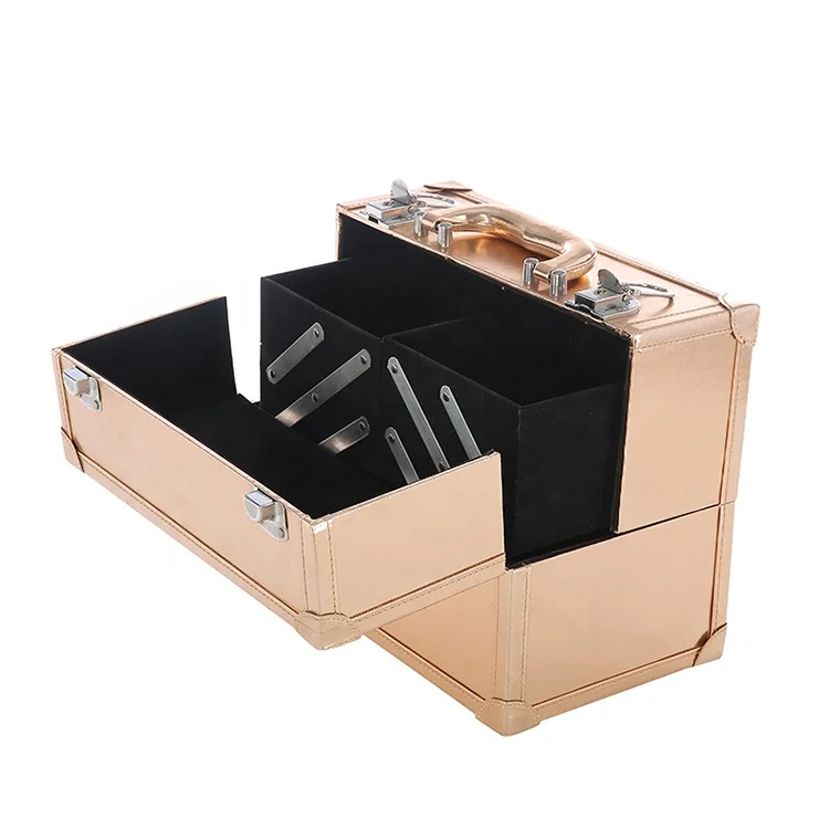 Hengxin Rose Gold 4 Trays Professional Cosmetic organizer Vanity Make Up Carrier  Box  Lockable keys Train Case