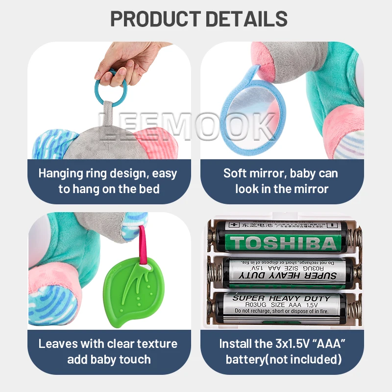 Leemook Hot Sale Children Electric Plush Toys 31cm Baby Hanging Bell Kids Soothing Elephant Plush Toy With Music Light