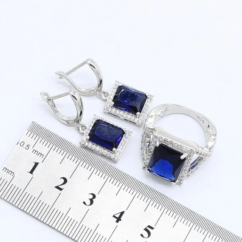 For Women Square Blue Sapphire silver jewelry wholesale Rings Bracelets Earrings Pendant Necklace custom jewelry sets