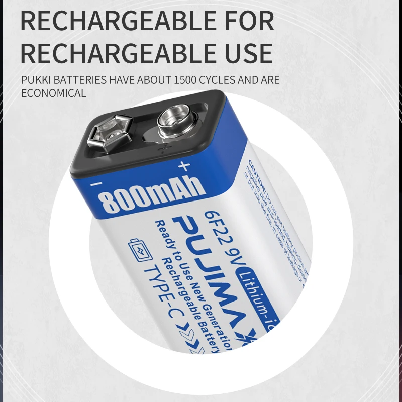 PUJIMAX 800mah type c 9v battery 1pcs 6f22 9v lithium battery multimeter rechargeable battery 9v with usb c charging cable