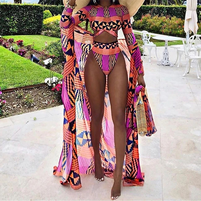 New Design Summer Women Sexy Three Piece Beach Poncho Cover Up Dress Swimsuits Floral Printed Bikini Set