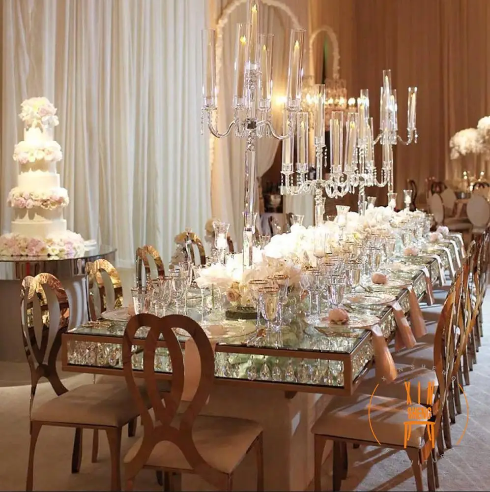 events used metal base stainless steel frame mirrored glass crystal table for wedding
